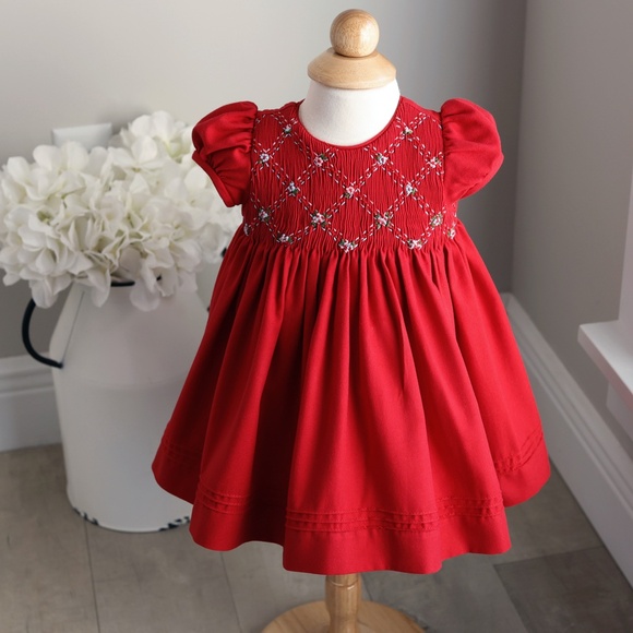 Girls Red Smocked Dress Hand- Embroidery Luli & Me Short Sleeve - Picture 7 of 10